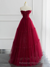 Burgundy A-line Off Shoulder Tulle Shiny Long Semi Formal Prom Dress
